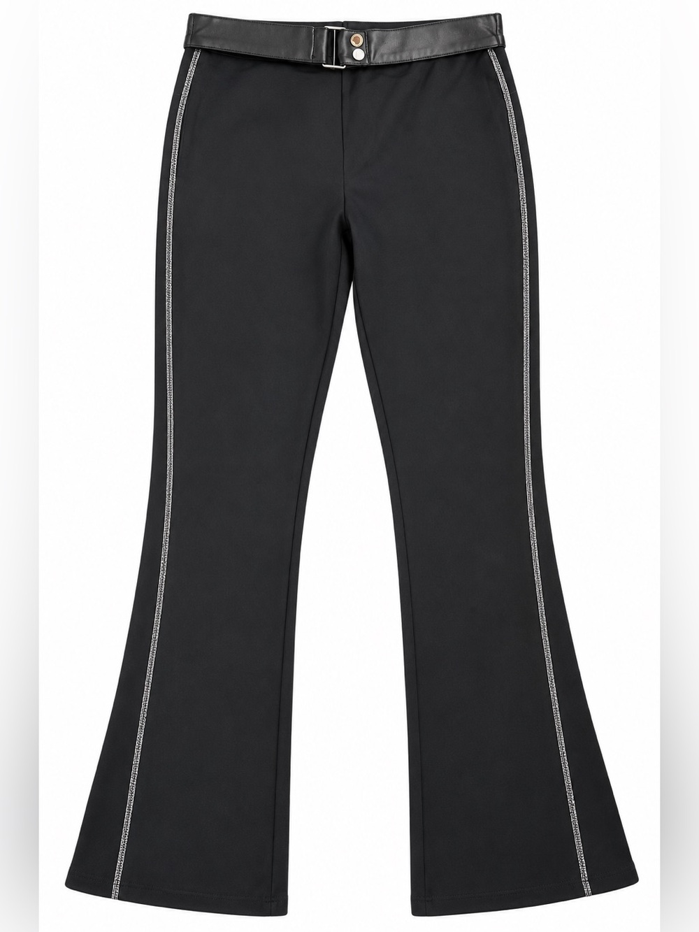 MANIERE DE VOIR Black Rhinestone Flare Leg Pants Belted High Waisted Size 16